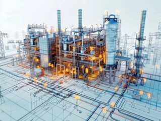 A large industrial plant with many pipes and a tall tower. The image is a computer generated drawing of the plant