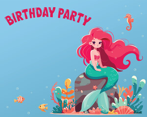 Colorful Happy birthday greeting card with cute and modest mermaid sitting on the stone with seaweed. Vector Illustration