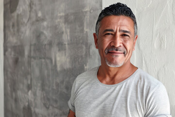 Portrait of a handsome mature Hispanic male smiling into the camera against a concrete wall. Concept of male beauty and grooming.