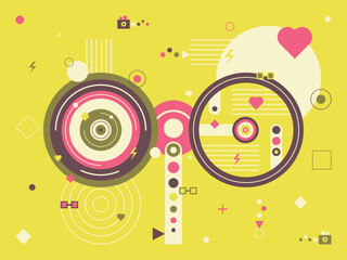 Obraz premium Geometrical abstract shapes for decoration create a seamless pattern. Lens, heart, camera, and other elements create a geometric illustration. Colorful vector design. Modern background.