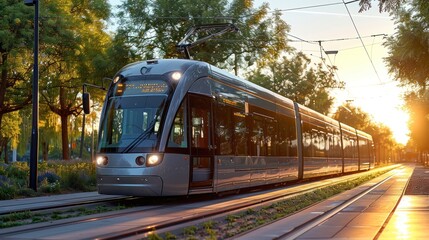 Modern silver tram on city tracks at sunset
