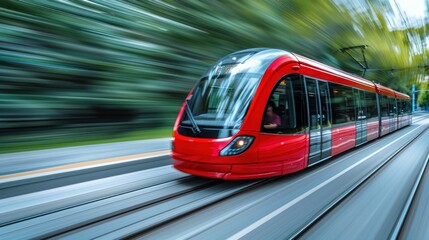 Speeding red tram on the city tracks