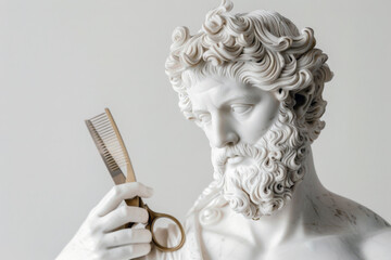 White antique sculpture of a bearded man with comb and scissors in his hands on a white background. Concept of male beauty and self-care.