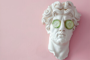 Statue of an antique man with cucumber slices over his eyes on a pink background. Concept of male beauty and self-care. Cosmetic banner.