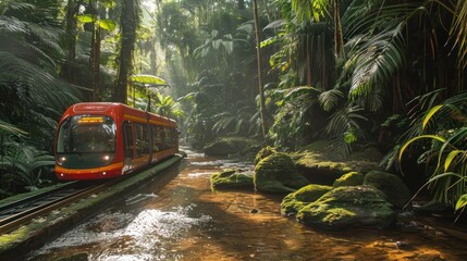 Tram crossing a rainforest with a river