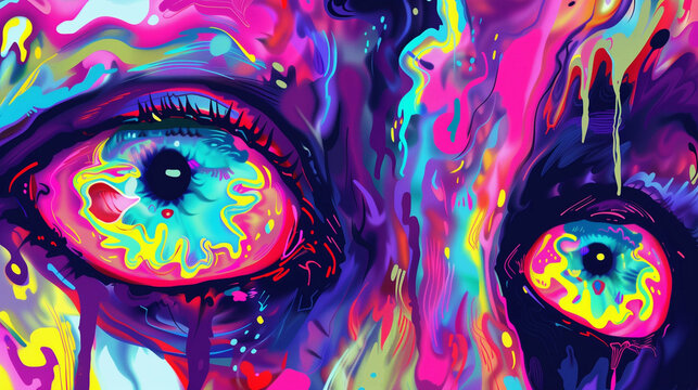 Psychedelic colorful liquid close-up of female eyes