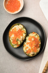 Avocado Cups Stuffed with Tasty Mexican Prawn and  red caviar