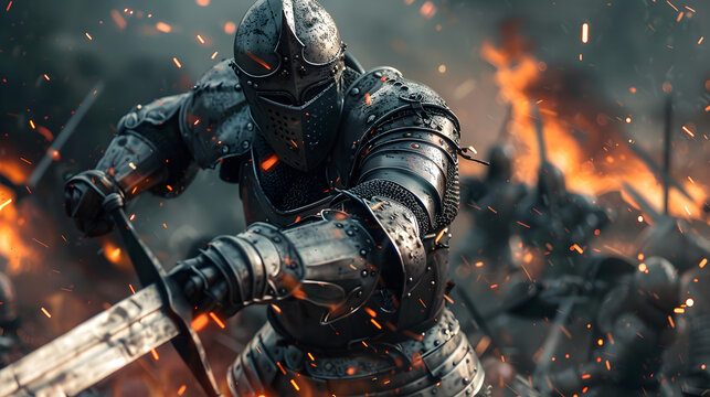 An armored knight wielding a sword amidst a raging battlefield, charging into battle with determination. Epic shot.


