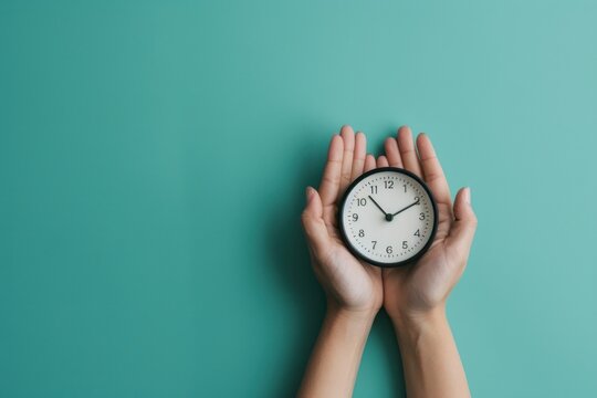 Hands cradling a simple modern clock on teal