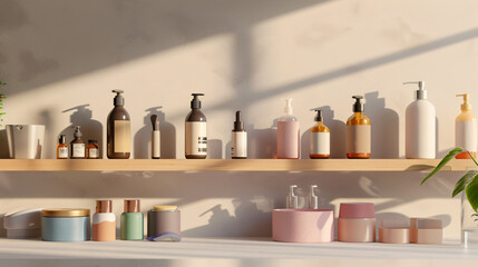 Skincare Essentials: Neatly Aligned Products on Minimalist Bathroom Shelf