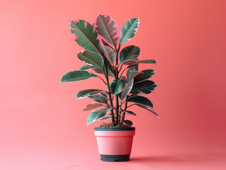 Ficus elastica in a ceramic pot on red backdrop