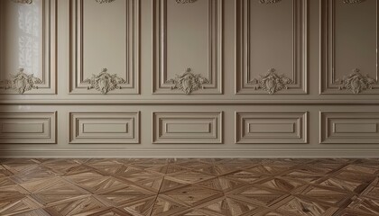 Neutral classic wall with copy space, mock room, elegant brown parquet floor setting