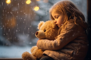 Tranquil Child Embracing Teddy Bear by Rainy Window Light