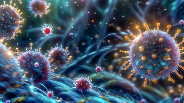 Macro photography of a virus attacking a cell in electric blue hues. Videophone