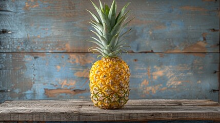   A pineapple atop a weathered wooden table against a backdrop of a blue-painted, aged wood paneled...