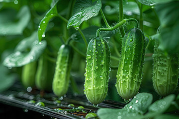 Cucumbers in a greenhouse on a garden bed
