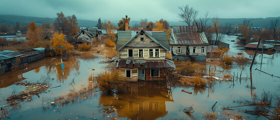 Flooded houses and land plots in villages during spring floods
