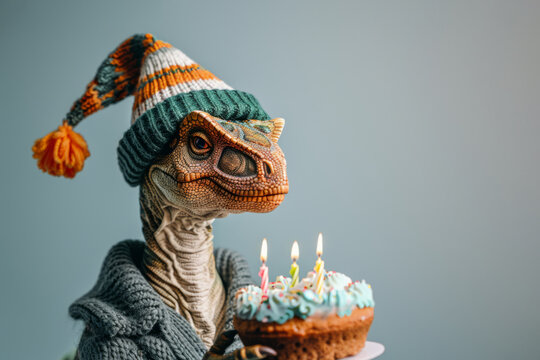Funny dinosaur in knitted hat and scarf with cake on gray background. Birthday concept.