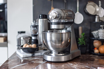 A stainless steel food processor with a powerful motor, blending ingredients effortlessly.