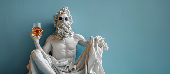 Sculpture of Zeus with a glass of whiskey in his hand sits leaning against a blue wall. Banner. Copy space.