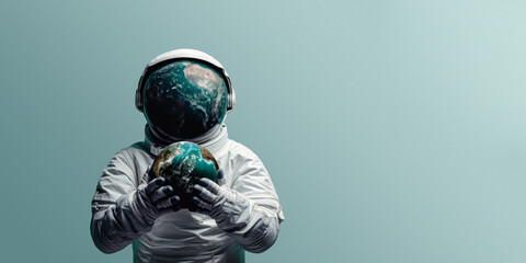 Astronaut in white spacesuit and helmet holding planet earth on blue background with copy space. Concept of conservation of planet earth ecosystem.