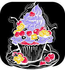 Sweet tasty dessert cupcake with cream and deco for morning breakfast in café or restaurant. Mini birthday cake for pleasure. Hand drawn retro vintage colorful vector illustration. Old style drawing.