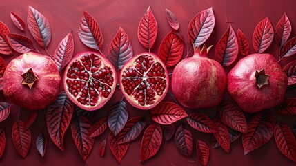   A collection of pomegranates against a red backdrop, featuring leaves and a star atop one fruit