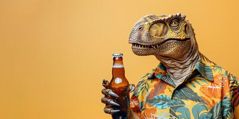 Funny portrait of a brutal dinosaur in a summer Hawaiian shirt with a bottle of beer on a yellow...