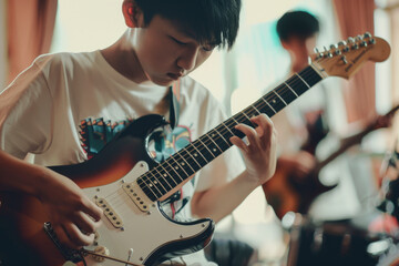 Obraz premium Young Guitarist Performing at a Local Event