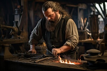 A man with a long beard is focused on shaping a piece of metal with various tools in a workshop setting. Generative AI - Powered by Adobe
