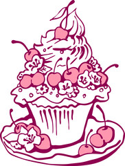 Sweet tasty dessert cupcake with cream and deco for morning breakfast in café or restaurant. Mini birthday cake for pleasure. Hand drawn retro vintage colorful vector illustration. Old style drawing.