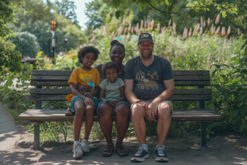 AI Generated Interracial family of four sits on a park bench, smiling for the camera