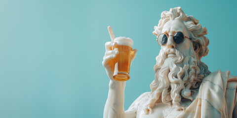 White sculpture of Zeus wearing sunglasses with a glass of beer in his hand on a blue background and pointing his finger at an empty space for text.