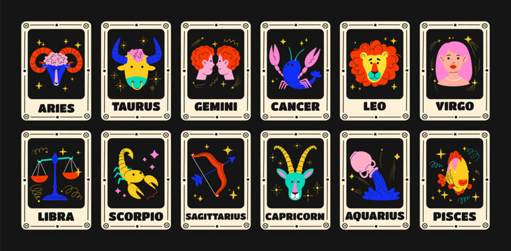 Astrological Cards of constellations and zodiac signs, star horoscopes in cartoon style. Cancer, Pisces, Scorpio, Virgo, Aquarius, Capricorn, Taurus, Libra, Leo, Sagittarius, Gemini, Aries. Magic card