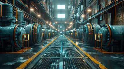 Obraz premium A large industrial building with many pipes and valves. Scene is industrial and mechanical