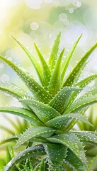Lush green aloe vera leaves close up with vibrant moisture droplets for refreshing aesthetic