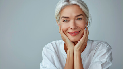 Fototapeta premium Portrait of Happy elegant middle-aged woman. Beautiful adult smiling woman.