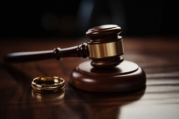Symbol of Justice: Gavel and Wedding Band on Wooden Table - obrazy, fototapety, plakaty