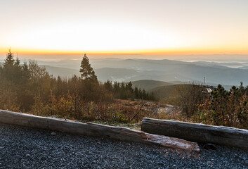 View from Lysa hora hill in Moravskoslezske Beskydy mountains in Czech republic during dawn - obrazy, fototapety, plakaty