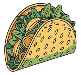 Vibrant and detailed illustration of a traditional mexican taco, filled with fresh ingredients and wrapped in a crispy shell, representing the iconic street food of mexico