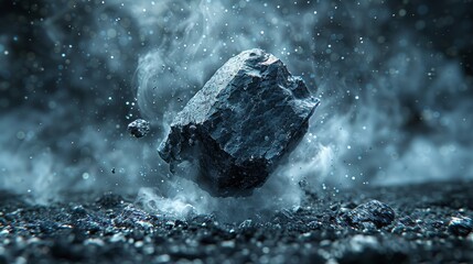   A sizable rock emits a small cloud of dust amidst smoky water