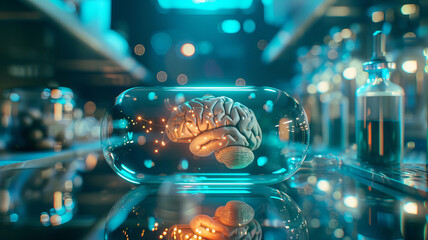 Futuristic Brain in Capsule Illustrating Advanced Neuroscience. Concept pill with AI technology for IQ people.