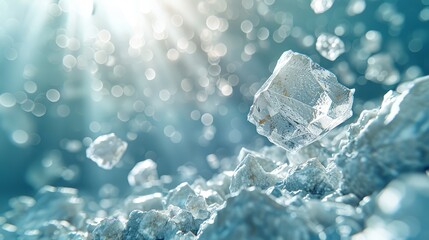  A tight shot of an ice chunk against a blue backdrop, illuminated by a brilliant light source - obrazy, fototapety, plakaty