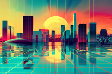 Retro-futuristic cityscape with vibrant color blocks and sleek, mid-century modern design elements, 