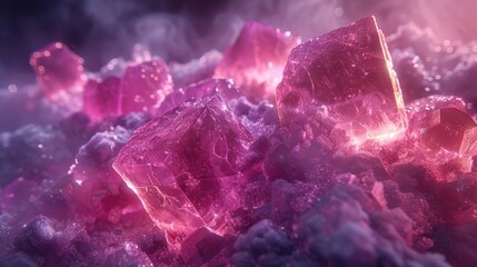   A tight shot of a crystal cluster, pink and purplish in hue, adorned with water droplets atop and bottom