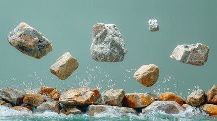   A cluster of rocks hovering above a water body, water cascading down from splashes on top