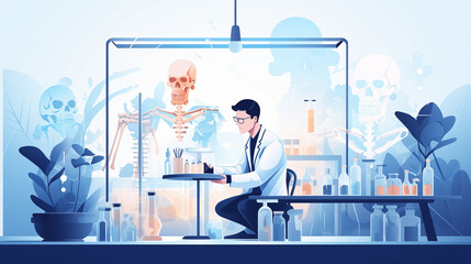 flat illustration of healthcare research, scientist in laboratory test and doing bone research, science innovation graphic.