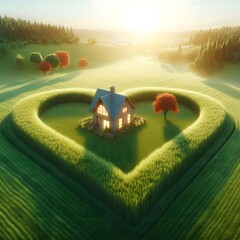 A small heart house on a wide field of grassland