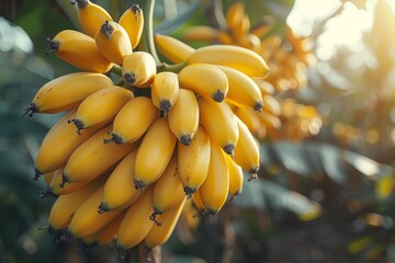 Naklejka premium Banana Tree with Fruit: Cluster of bananas hanging from the tree. 