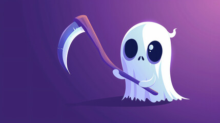 Cute ghost with scythe on purple background